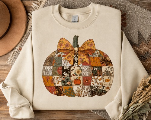 Autumn Patchwork Pumpkin Bow Sweatshirt