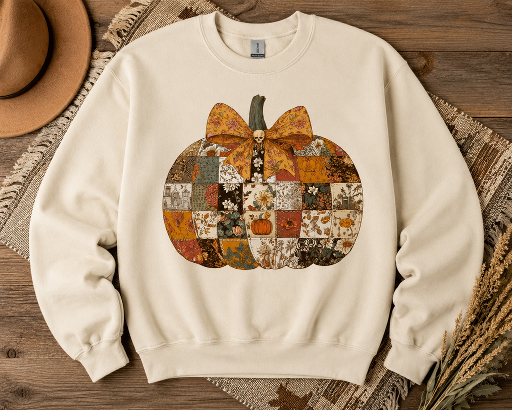 Autumn Patchwork Pumpkin Bow Sweatshirt