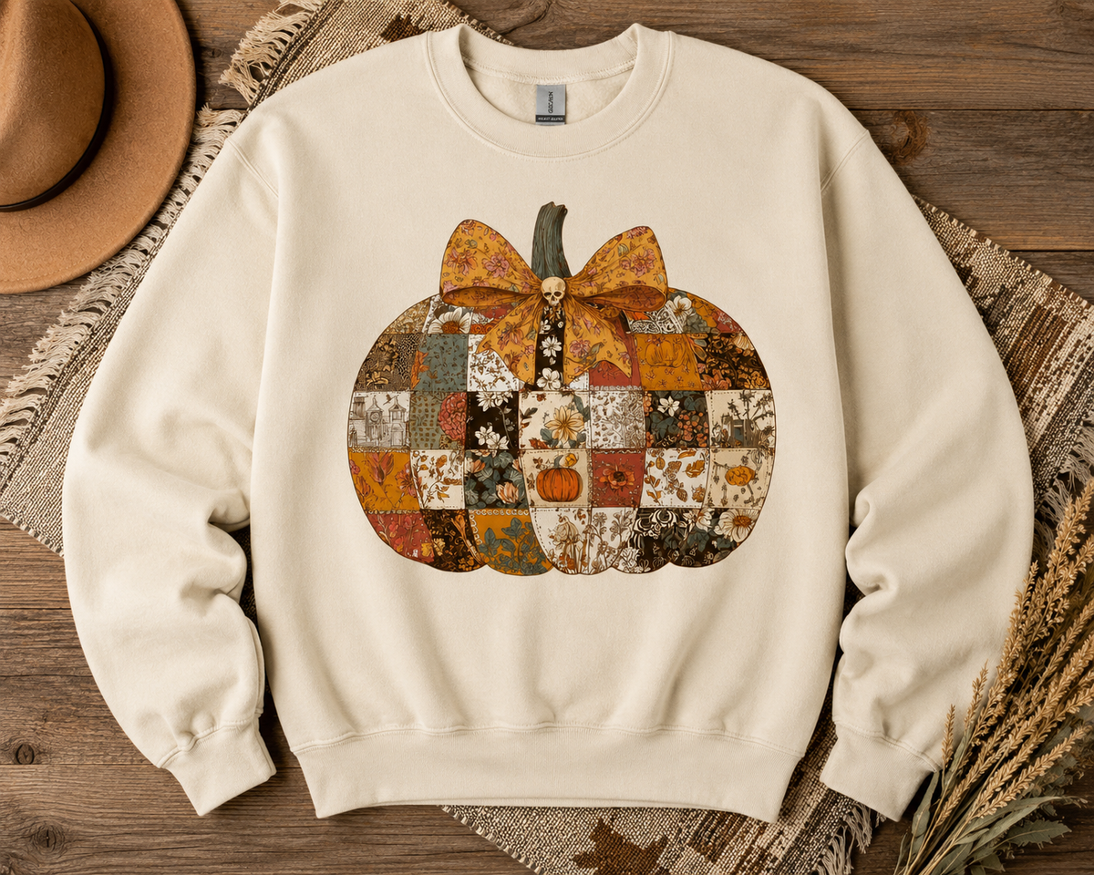 Autumn Patchwork Pumpkin Bow Sweatshirt