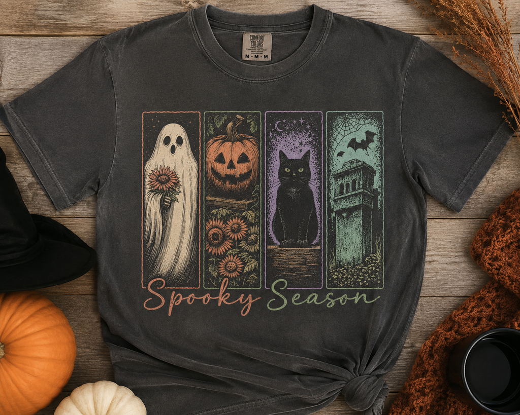 Spooky Season – Vintage Halloween Ghost, Pumpkin & Black Cat Graphic Tee