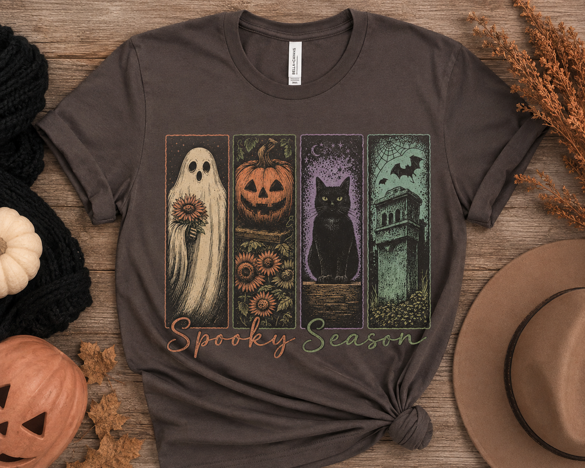 Spooky Season – Vintage Halloween Ghost, Pumpkin & Black Cat Graphic Tee