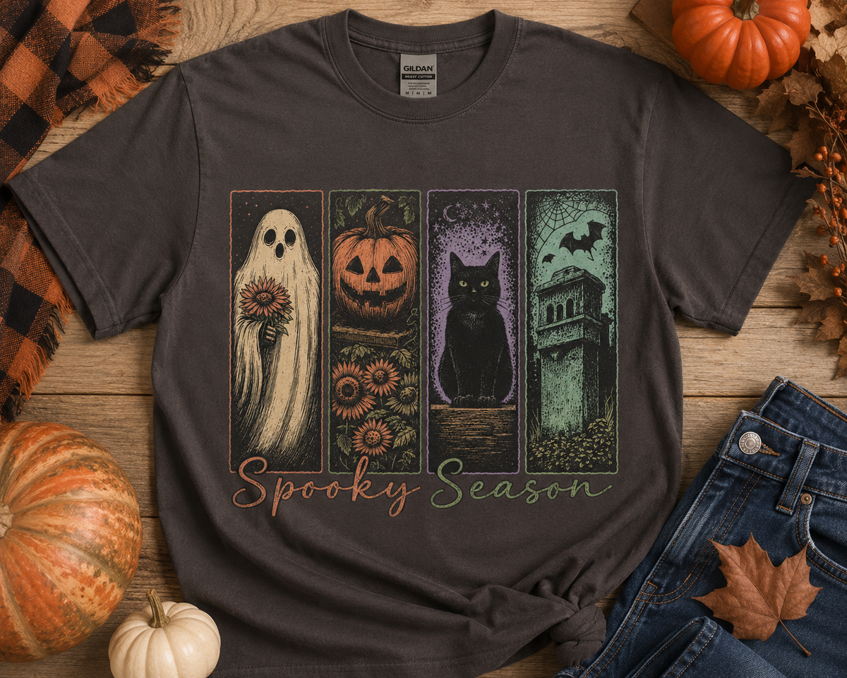Spooky Season – Vintage Halloween Ghost, Pumpkin & Black Cat Graphic Tee