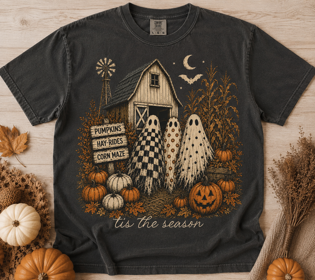 Haunted Harvest – Vintage Halloween Farm Graphic Tee