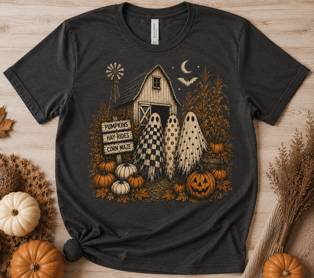 Haunted Harvest – Vintage Halloween Farm Graphic Tee