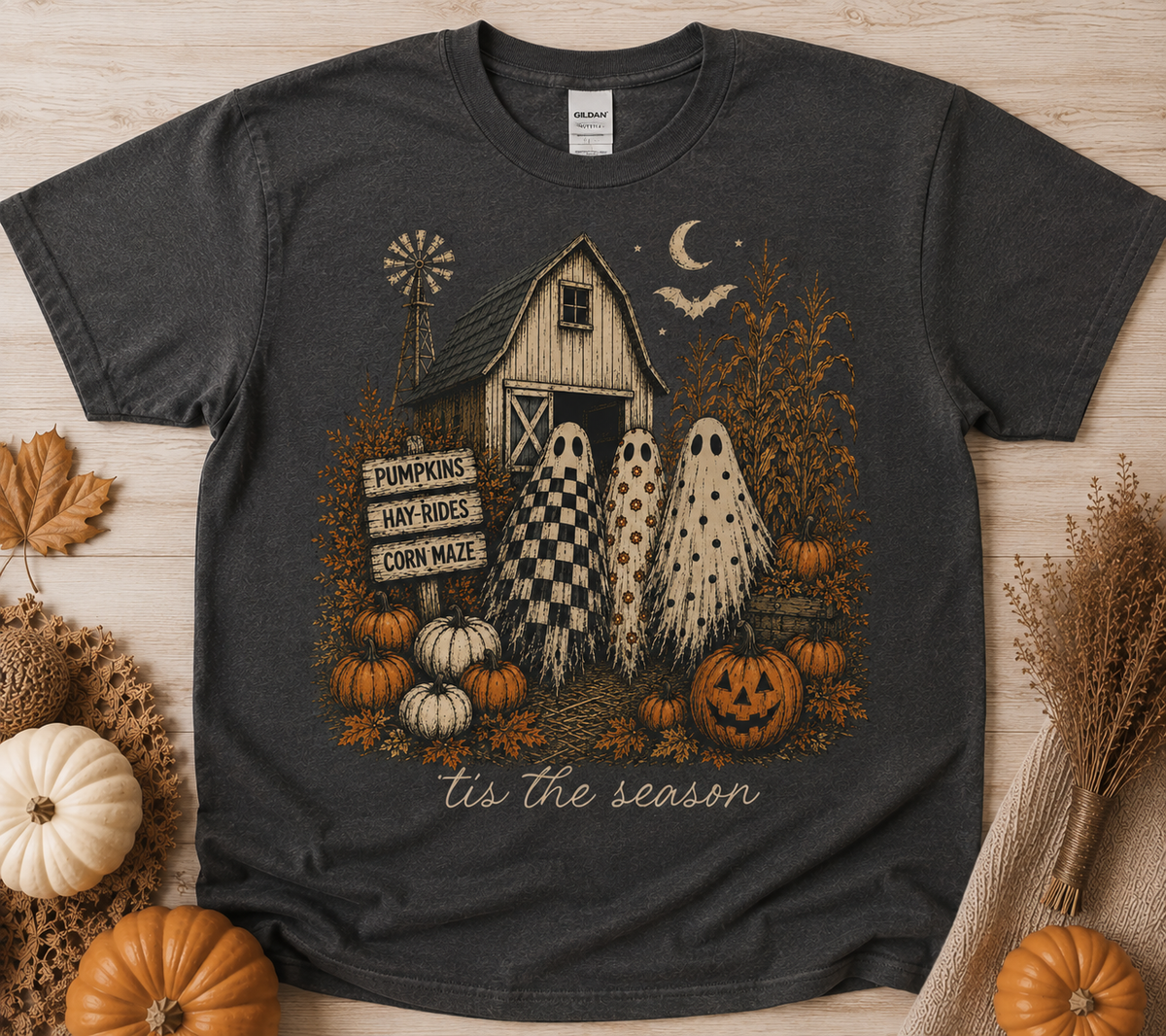Haunted Harvest – Vintage Halloween Farm Graphic Tee